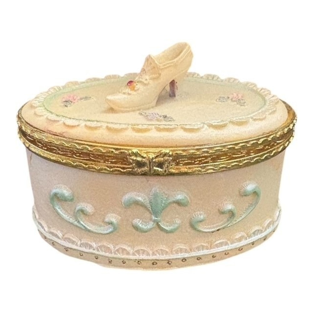 Vintage Porcelain Shoe Trinket Box Floral Design Gold Trim 3.5in